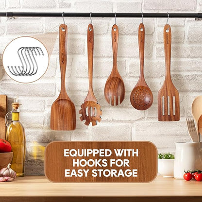 Wooden Spoons for Cooking, 6PCS Teak Wood Cookware Utensil Set with Hooks - Smooth Finish, Non-Stick, Comfortable Grip, Heat Resistant Kitchen Utensils - Image 5