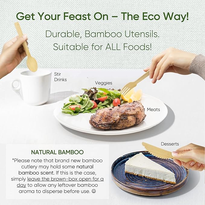 EcoPreps 100% Compostable Bamboo Cutlery Set (250 PCS - 125 Forks, 75 Spoons, 50 Knives) Eco-Friendly, Natural, Biodegradable Disposable Utensils Set | Bamboo Disposable Forks, Knives, and Spoons Sets - Image 5