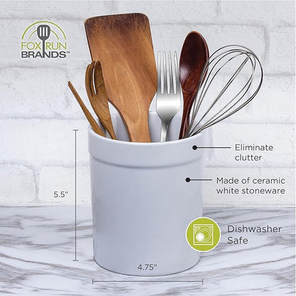 Fox Run Utensil Holder, White Stoneware 4.75 x 4.75 x 5.5 inches