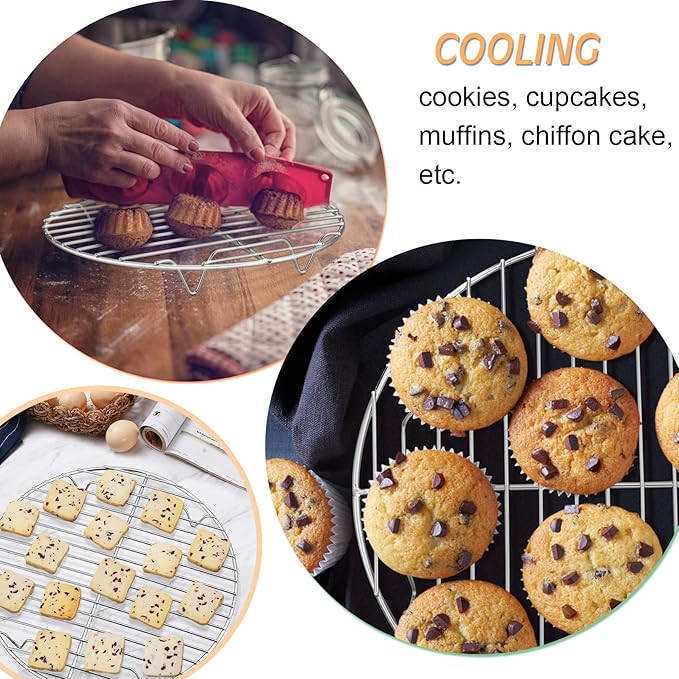 P&P CHEF Round Cooking Rack, 3 Pcs Stainless Steel Baking Cooling Steaming Grilling Rack, Fits Air Fryer/Stockpot/Pressure Cooker/Round Cake Pan, Oven & Dishwasher Safe (9 Inch) - Image 3