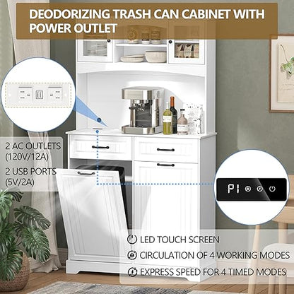 Double 13 Gallon Tilt Out Trash Can Cabinet with Deodorizing Function and Power Outlet, 71" Tall Wooden Garbage Can Holder Cabinet with 2 Storage Hutch & 2 Drawers for Kitchen and Dining Room, White