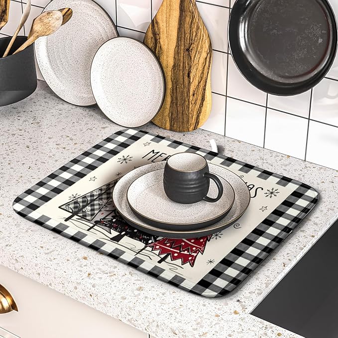 Merry Christmas Tree Dish Drying Mat for Kitchen Counter 16x18 Inch Black Red Grey Xmas Plaid Print Absorbent Reversible Microfiber Drying Mats Kitchen Countertop Protector Dishes Drainer Rack Pad - Image 5
