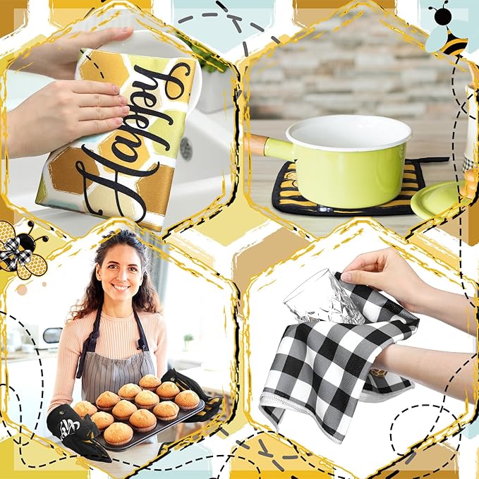 Leinuosen 6 Bee Kitchen Towels Kitchen Decor and Accessories Set Floral Plant Oven Mitts and Pot Holders Sets Farmhouse Absorbent Dish Towels for Cooking Baking Grilling - Image 7