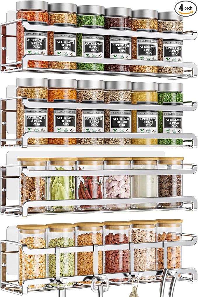 Bunoxea Spice Rack wall mounted 4 Pack, Space-Saving Spice Organizer for Spice Jars and Seasonings,Screw or Adhesive Hanging Spice Rack Organizer for Your Kitchen Cabinet,or Pantry Door,Chrome by Bunoxea