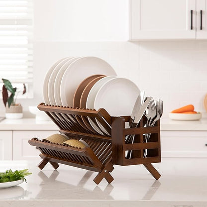 HBlife Dish Rack,Teak Folding 2-Tier Collapsible Drainer Dish Drying Rack with Utensils Flatware Holder Set (Dish Rack with Utensil Holder) - Image 5