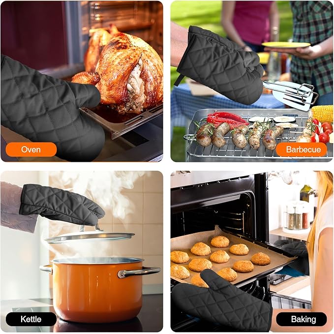 Silicone Oven Mitts, Heat Resistant 2PCS Oven Mitts with Soft Cotton Lining, Waterproof Non-Slip Grip Oven Glove, Kitchen Potholder Mits for BBQ, Baking, Cooking, 10.5Inch - Dark Black - Image 6