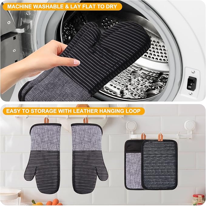 4PCS TIPTAP Oven Mitts, Kitchen Oven Mitts Set, Non Slip Cotton Oven Mitt and Pot Holders,Heat Resistant, Machine Washable,2 Long Mit and 2 Pot Holder(Black) - Image 5