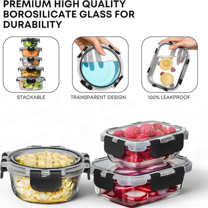Razab 30 PC Glass Food Storage Containers with Lids - Reusable Glass Meal Prep Containers for Lunch and Leftovers - Airtight & Leakproof Snap Locking Lids - Oven, Freezer, Microwave, Dishwasher Safe - Image 7