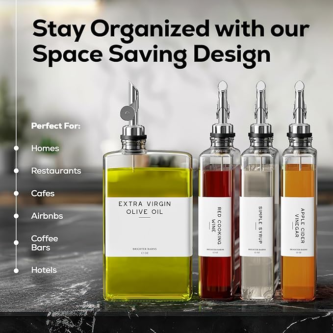 Glass Olive Oil Dispenser Bottle for Kitchen by Brighter Barns - Oil and Vinegar Dispenser Set, Coffee Syrup Bottles - Modern Decor for Restaurants, Coffee Station Accessories (Clear/Silver, Set of 2) - Image 5