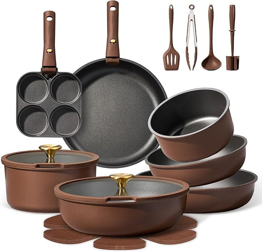 CAROTE 21pcs Pots and Pans Set, Nonstick Cookware Set Detachable Handle, Induction Kitchen Cookware Sets Non Stick with Removable Handle, RV Cookware Set, Oven Safe, Brown by CAROTE
