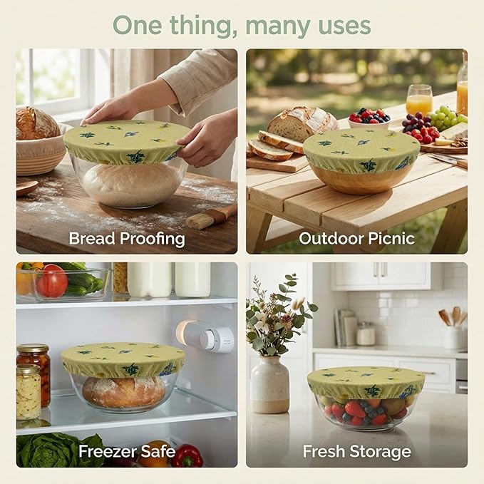 Reusable Bowl Covers (Set of 4) - Breathable Cotton Linen Sourdough Accessories - Elastic Durable Fabric Food Lids for Proofing Baskets & Bread Baking Supplies (Pale Mustard) - Image 3
