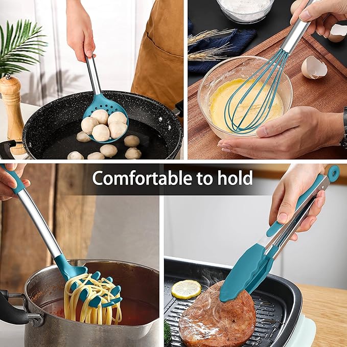 LIANYU 15-Piece Kitchen Cooking Utensils Set with Holder, Silicone Kitchen Tools Stainless Steel Handle, Slotted Spatula Spoon Turner Tong Whisk Brush for Cooking, Dark Blue - Image 4