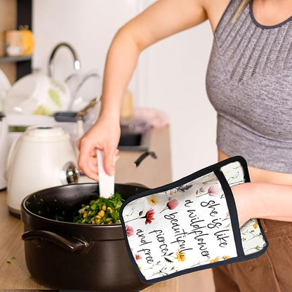 Inspirational Floral Pot Holders with Pockets, She is Like a Wildflower Oven Pot Holders Heat Resistant Oven Mitts Hot Pads for Kitchen Baking Cooking