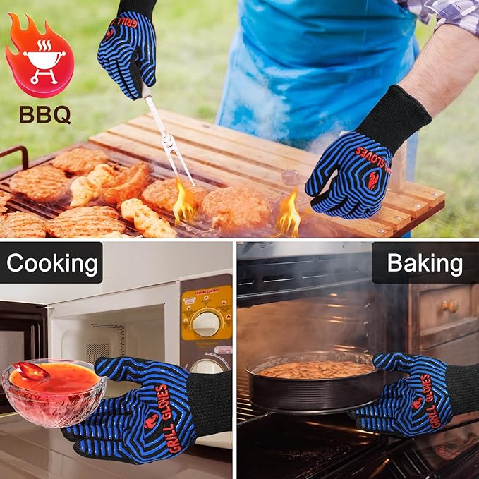 QUWIN BBQ Gloves, Oven Gloves 1472℉ Extreme Heat Resistant, Grilling Gloves Silicone Non-Slip Oven Mitts, Kitchen Gloves for BBQ, Grilling, Cooking, Baking-1 Pair… (Black Blue, One SizeLong Cuff - Image 2