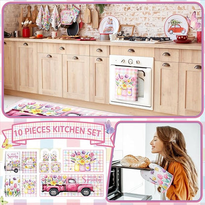 Fourluoo 10 Pcs Spring Flower Farmhouse Kitchen Decor Set Dish Towels Kitchen Rugs Oven Mitts and Pot Holders Set for Cooking Baking Grilling Women Mom Daughter Gift(Vibrant Color)