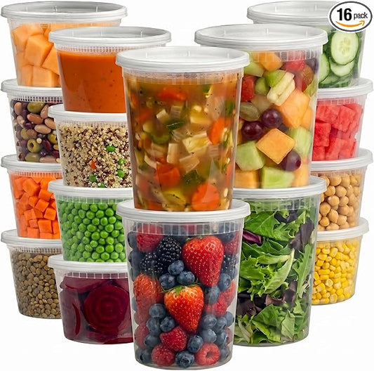 JoyServe 16 Sets Deli Containers with Lids – 16oz & 32oz – Leak Proof, Microwaveable, Dishwasher & Freezer Safe – Plastic Food Storage & Soup Containers