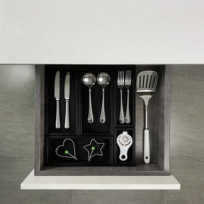 bamboo drawer organizer Set,expandable drawer dividers,wooden storage organizers,drawer organizers for kitchen, bathroom,flatware,Tea Bag Organizer (1 X 5PCS Black) - Image 5