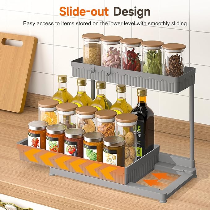 Sevenblue 3 Pack Multi-Purpose Under Sink Organizers and Storage, 2026 L-Shaped Pull Out Cabinet Organizer for Bathroom & Kitchen, Under Cabinet Organizer with Hooks Hanging Cup (Grey, 14.85 inch) - Image 3