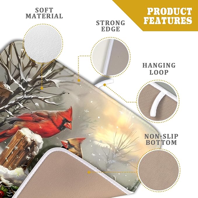 Winter Dish Drying Mat for Kitchen Counter 16x18 Inch Red Birds Cardinal Tree Christmas Theme Print Absorbent Reversible Microfiber Drying Mats Kitchen Countertop Protector Dishes Drainer Rack Pad - Image 4