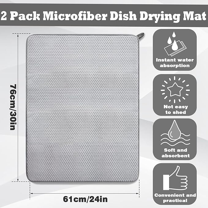 2 Pack Extra Large Microfiber Dish Drying Mat,30 x 24 Inch Super Absorbent Drying Pad,Large Size Dish Drying Mat for Countertops,Sinks,Draining Racks,Gray - Image 2