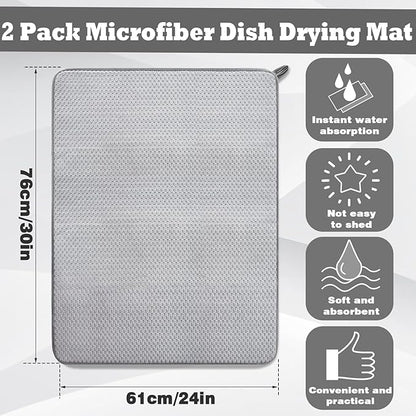 2 Pack Extra Large Microfiber Dish Drying Mat,30 x 24 Inch Super Absorbent Drying Pad,Large Size Dish Drying Mat for Countertops,Sinks,Draining Racks,Gray - Image 2