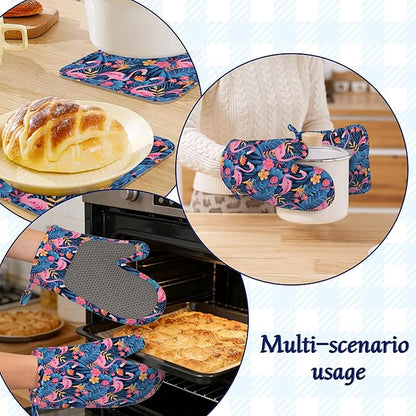 Oven Mitts and Pot Holders Sets Flamingo Tropical Flower Silicone Kitchen Mits Potholders Summer Palm Leaf Heat Resistant 4Pcs Oven Gloves Hot Pads for Baking Cooking BBQ Grilling Home Decor