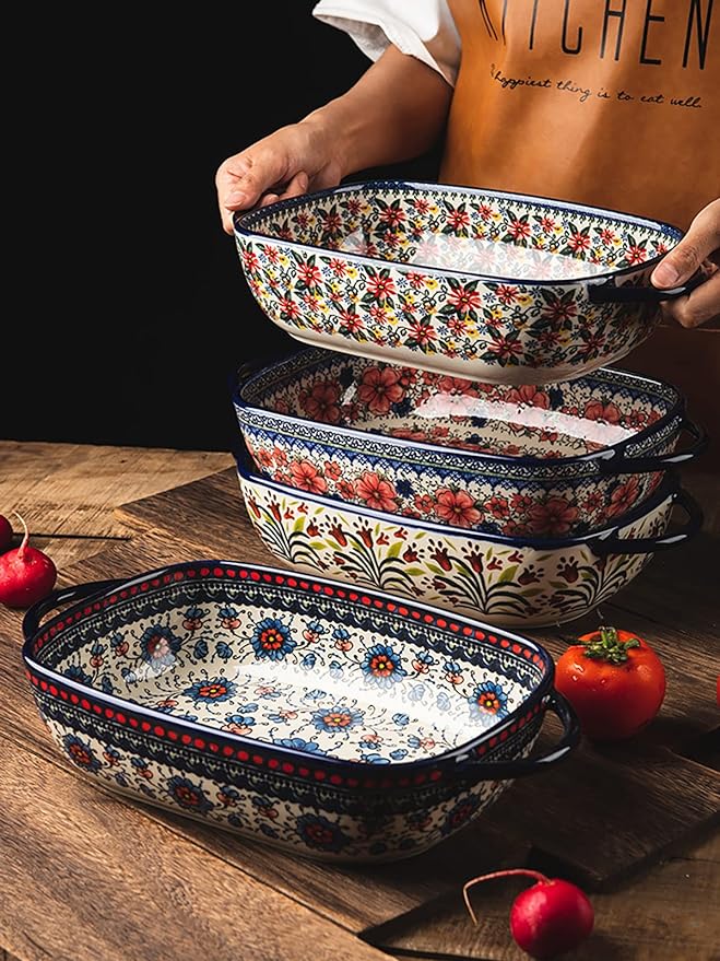 Vintage Style Pottery Bakeware Ceramic Casserole Dish Baking Pan Lasagna Pans Baking Dish with Handles for Oven/Cooking/Kitchen-1 PCS, Large Capacity, 60 OZ - Image 4