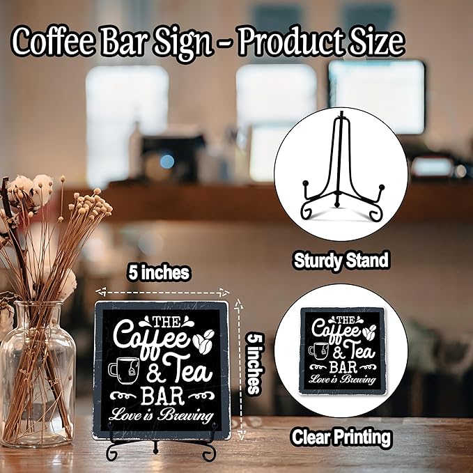 Coffee Bar Sign, Love is Brewing Farmhouse Tabletop Decor, Coffee and Tea Lover Gifts, 5x5 Wood Plaque with Iron Stand for Home Kitchen Cafe, Coffee Bar Decor – L03 - Image 2