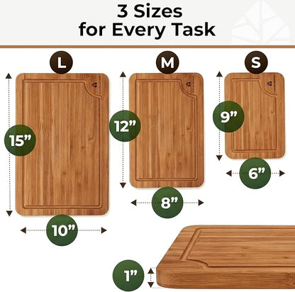 Set of 3 Bamboo Cutting Boards for Kitchen - Thick & Durable Wood Cutting Boards Set with Deep Juice Grooves & Build-in Handles, Large Surface, Easy to Clean – for Meat, Vegetables and Fruits