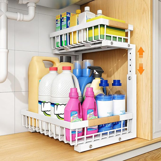 PXRACK Under Sink Organizer, Adjustable Height, 2 Tier Pull Out Under Cabinet Organizer, Slide Out Thickened Metal Under Sink Storage for Kitchen Bathroom Laundry Pantry Cabinet, White, Large-1-Pack by PXRACK