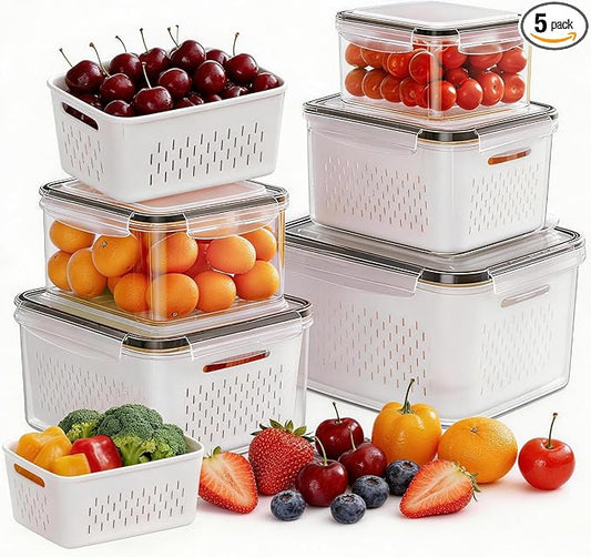 HOMETALL 5 Pack Fruit Storage Containers for Fridge, Plastic Fruit Containers for Fridge with Removable Colanders, Leakproof Fridge Organizers and Storage for Berry Vegetable Salad Lettuce Meat Food