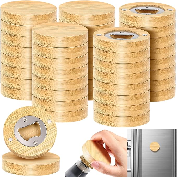 Vesici 50 Pcs Magnetic Bottle Opener 2.5in DIY Bamboo Round Shape Beer Openers Wooden Fridge Magnet Refrigerator Sticker Gift for Beer Lover Wedding Guest Kitchens Bars Parties by Vesici