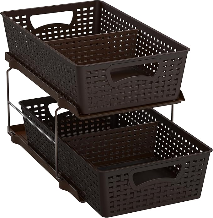Simple Houseware 2 Tier Bathroom Organizer Tray Pull-Out Sliding Drawer, Under Sink Storage, Brown - Image 4