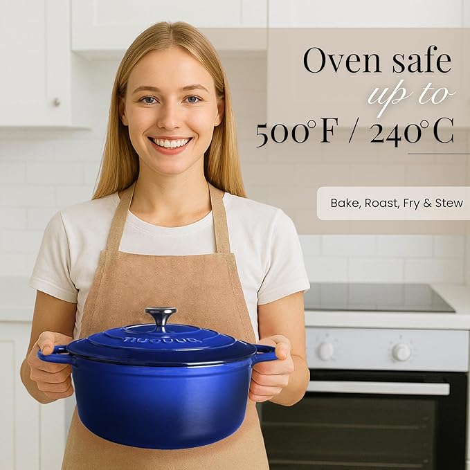Nuovva Enamelled Cast Iron Dutch Oven Pot with Lid – 6.4 Quart Non Stick Casserole Pot – Heavy Duty & Oven Safe up to 500° F for Bread Baking, Braising, Stews, Roasting – 28cm Dark Blue - Image 6