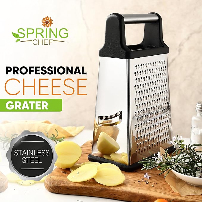 Spring Chef Professional Cheese Grater - Stainless Steel, XL Size, 4 Sides - Perfect Box Grater for Parmesan Cheese, Vegetables, Ginger - Dishwasher Safe - Black - Image 2