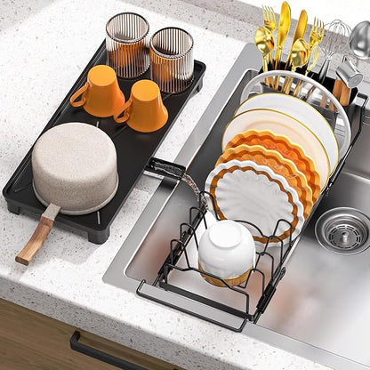 masadi Small Dish Drying Rack - Expandable Sink Dish Drying Rack Over Sinks with Drying Tray, Dish Drainer for Kitchen Counter with Adjustable Cutlery Holder, Space-Saving for Small Kitchens, Black