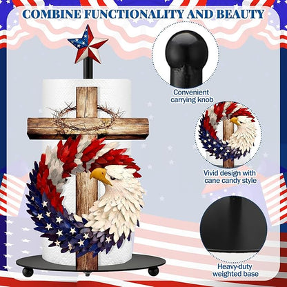 Thyle 4th of July Patriotic Paper Towel Holder, Red White Blue Eagle Cross Kitchen Decor 250th Anniversary Star Design, Metal Countertop Stand for Bathroom Memorial Day Independence Day Home Decor