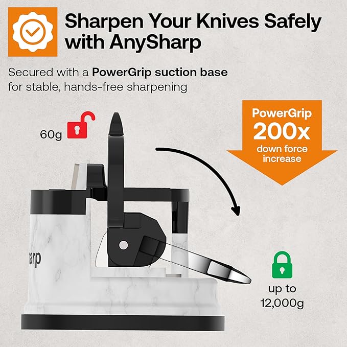 AnySharp – Editions – Hands Free Knife Sharpener - Easy to Use Sharpening Tool w/PowerGrip Suction Base and 20-Degree Pre-Set Angle - for All Knives: Chef's, Serrated, Hardened Steel - White Marble - Image 5