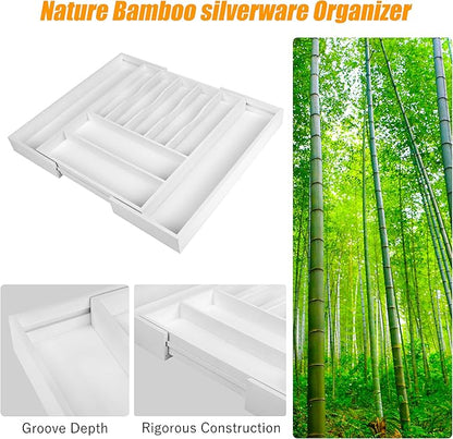 Bellsal Large Premium Bamboo Silverware Organizer - Expandable Utensil Drawer Organizer - 17"x19.6" Utensil Holder and Cutlery Tray with Grooved for Kitchen Flatware and Utensils(7-9 Slot, White) - Image 4