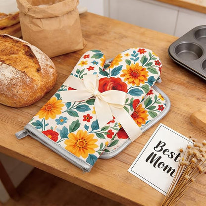 Floral Oven Mitts and Pot Holders Sets 2 Pcs, Canvas Heat Resistant Kitchen Mittens with Hot Pads, Vintage Farmhouse Country Decor, Non-Slip Cooking Baking Grilling Gifts for Women Mom (Flower1)