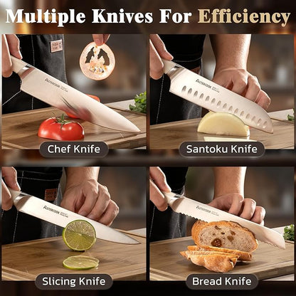 Astercook Knife Set Kitchen with Block and Sharpener Premium Full Tang 17 Pcs German Stainless Steel Knives Dishwasher Safe Kitchen Utensils Set with with and Anti-slip Ergonomic Handle, Cream White - Image 7
