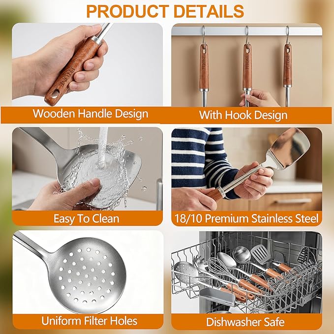 9PCS 18/8 Stainless Steel Kitchen Utensils Set, Heavy Duty Wooden Handle Cooking Utensils, Metal Cookware Utensils with Spatula, Ladle, Skimmer, Spaghetti Spoon and Potato Masher, Easy to Clean