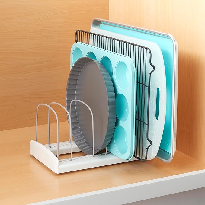 YouCopia StoreMore Bakeware Rack with Tall Steel Wires, Adjustable Pan and Lid Organizer, Classic Edition – White, Alloy Steel & Plastic, 11.5”W x 7.3”D x 6.4”H, Customizable Shelf - Image 5