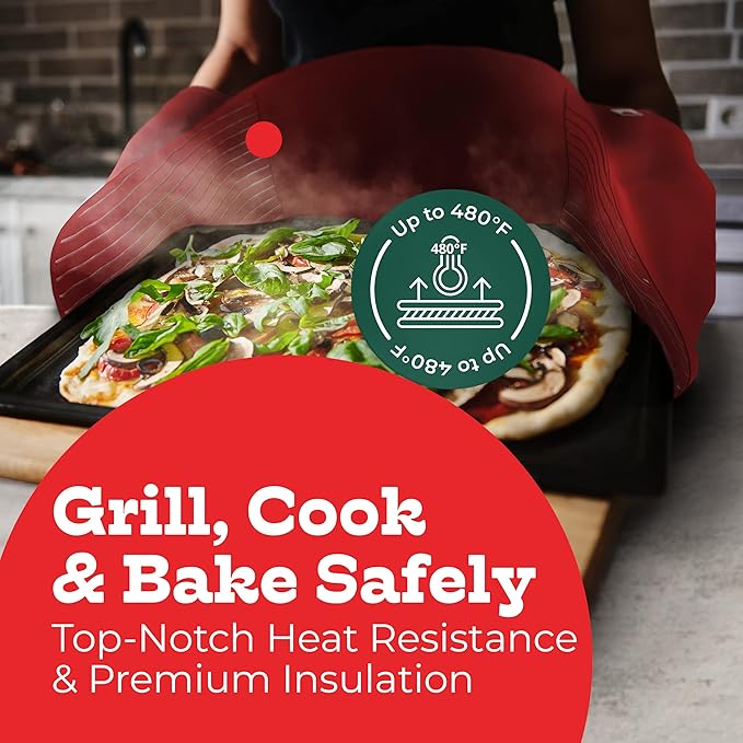 Red Double Oven Mitt Kitchen Protection - Pack of 1-32" Long - Heat Resistant Cotton Professional Grade with Terrycloth Lining
