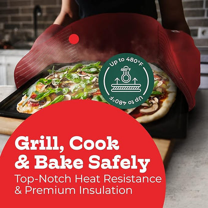 Red Double Oven Mitt Kitchen Protection - Pack of 1-32" Long - Heat Resistant Cotton Professional Grade with Terrycloth Lining