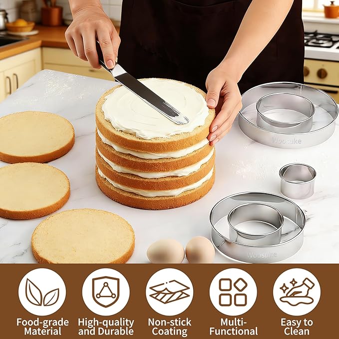 9Pcs Round Cookie Cutter Set - Stainless Steel Biscuit Cutters(2,3,3.5,4,5,6Inch) with 3 Firm Plastic Dough Scrapers – Large Circle Cookie Cutter for Baking Pastry, Donuts, Fondant & Brownies - Image 3