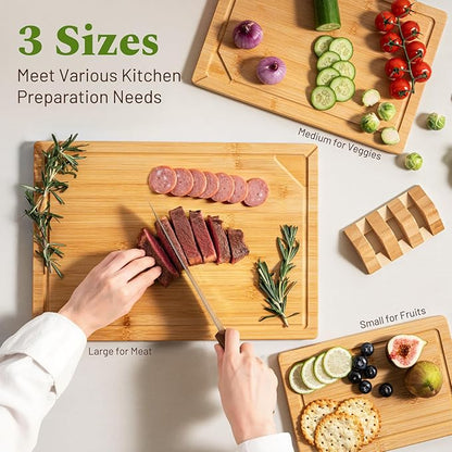 Kikcoin Over Sink Bamboo Cutting Boards for Kitchen - 3+1 Piece Self-Draining Healthy Wood Cutting Board Set with Built in Handle& Spout, Charcuterie& Meat Extra Large Butcher Chopping Boards, Natural - Image 5