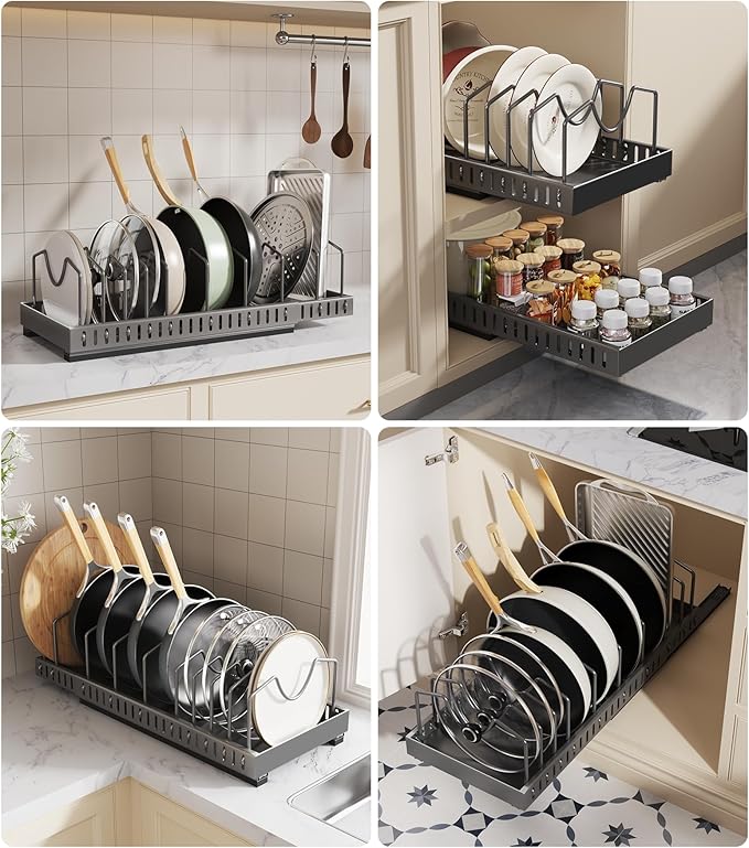 Pull Out Pots and Pans Organizer Under Cabinet, Expandable Sliding Lid Holder and Pan Rack for Kitchen, Slide Out Inside Cabinet for Pot Lid, Bakeware, Dishes, 10 Adjustable Dividers, 2 Pack Black - Image 7