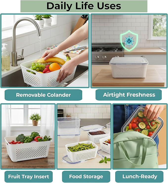 5 Pack Large Fruit Storage Containers for Fridge with Removable Colander-Plastic Food Storage Containers with Lids Airtight-Leak Proof Refrigerator Organizers and Storage of Vegetable -Produce Storage - Image 4