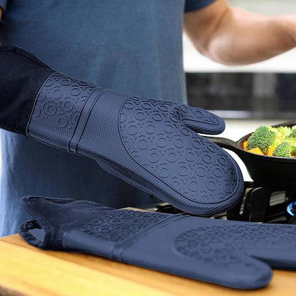 BPA-Free Soft Silicone Oven Mitts - Ultra Heat Resistant Oven Mitts with Thick Cotton Liner - Extra Long Slip Resistant Pot Holders, Flexible Oven Gloves - Navy 14.7" - Image 9